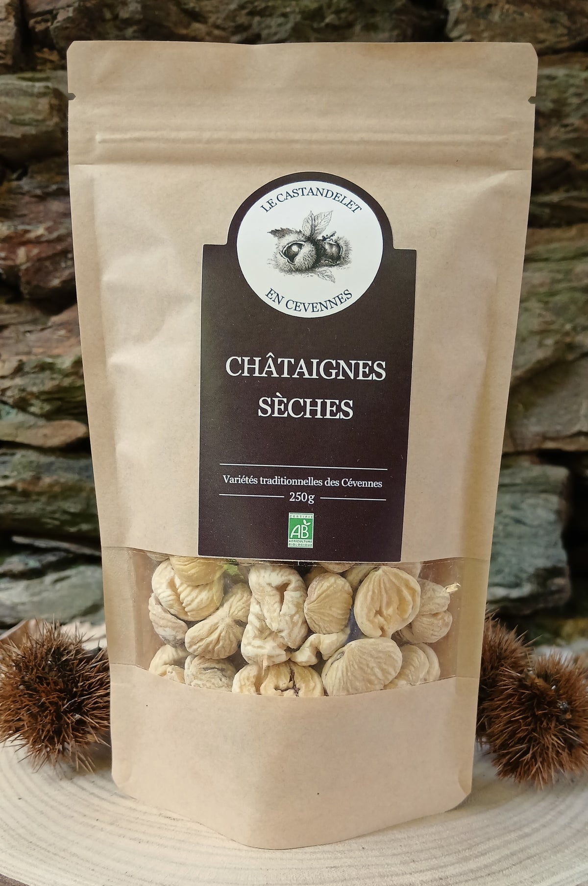 Sachet de châtaignes sèches entières bio des Cévennes, bajanes, 500 g