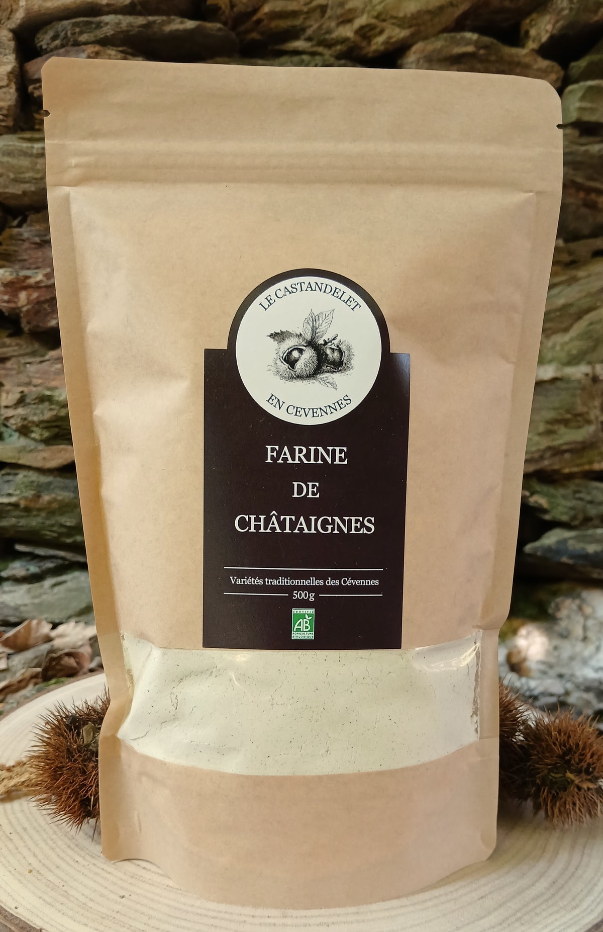 Sachet de farine de châtaigne bio des Cévennes moulue sur meule de pierre, 500 g