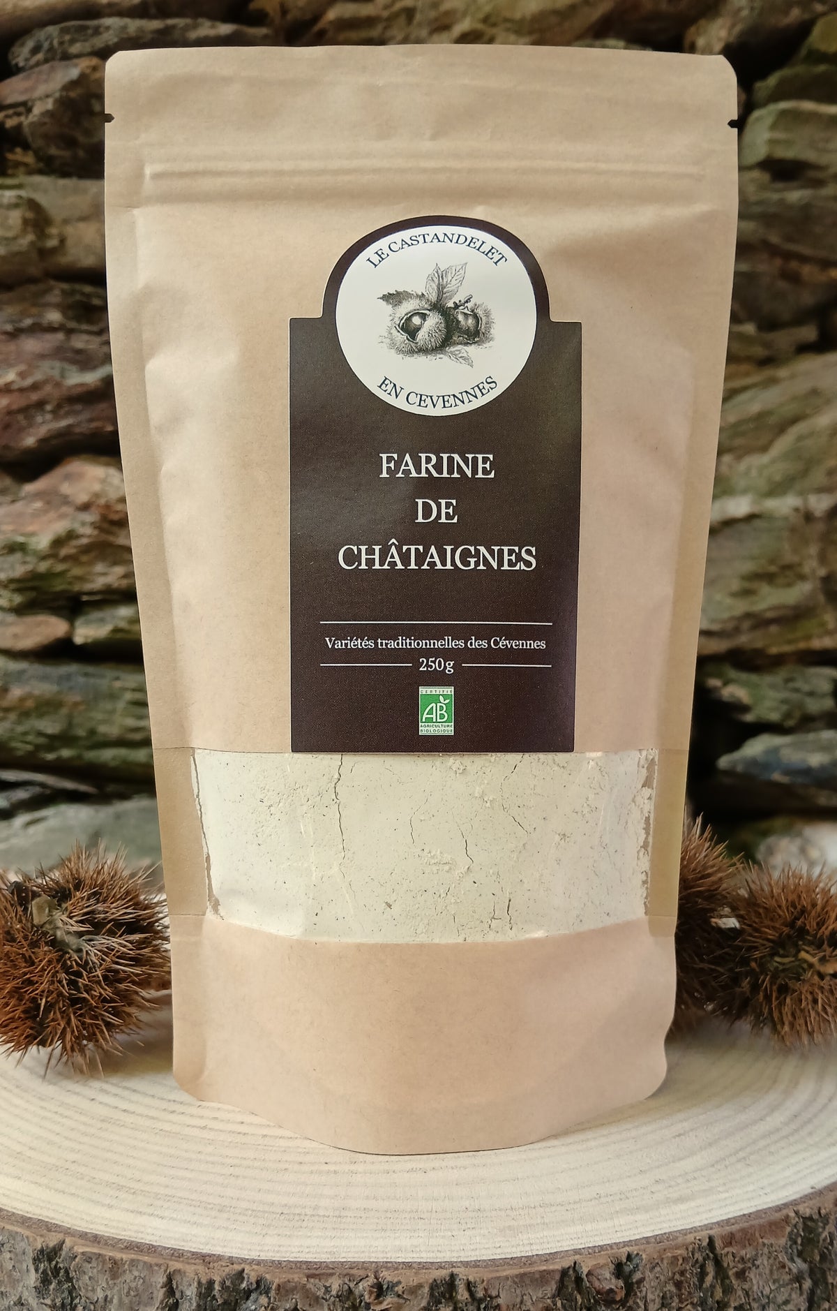 Sachet de farine de châtaigne bio des Cévennes moulue sur meule de pierre, 250 g