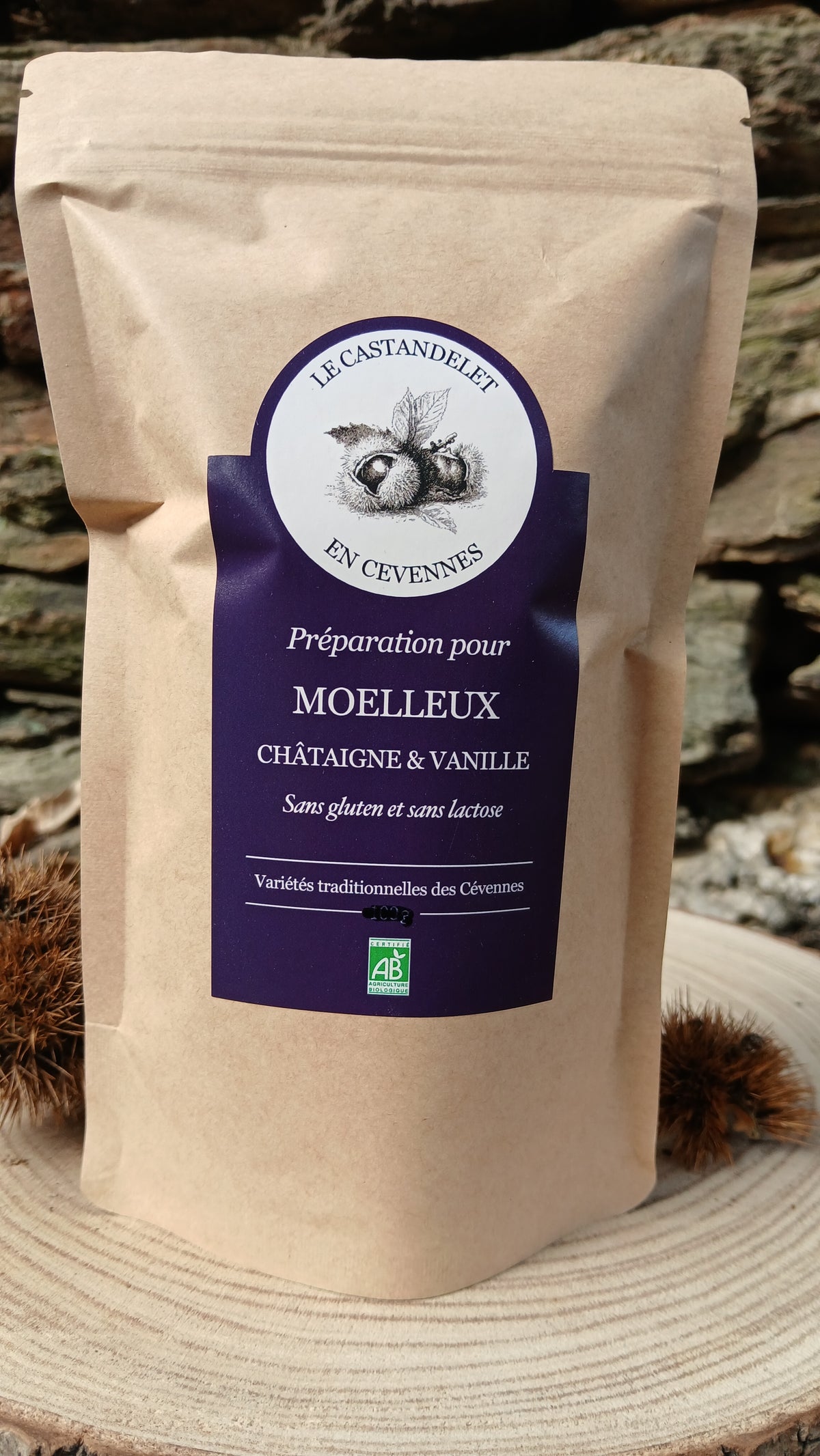 Sachet de préparation bio pour moelleux à la châtaigne et vanille des Cévennes, sans gluten et sans lactose, 365 g